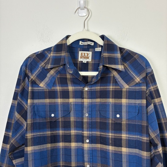 Ely Cattleman Blue Plaid Western Pearl Snap Shirt Men's Medium Cowboy Retro - Picture 4 of 8